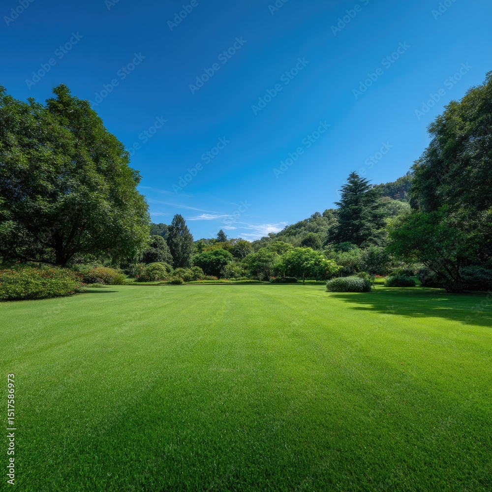 Naklejka premium Lush green lawn stretches under a vibrant blue sky, bordered by trees and shrubs