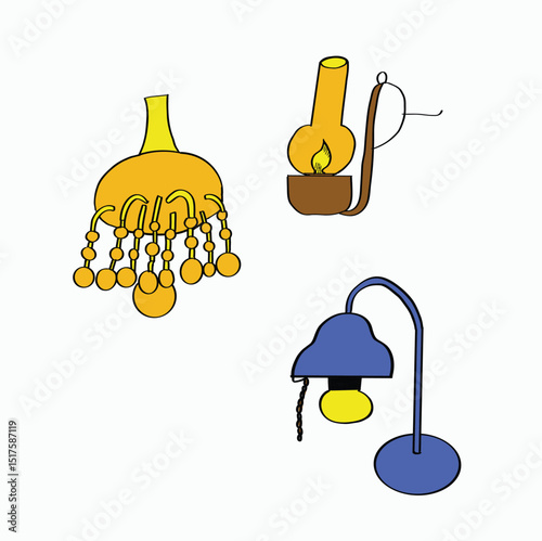 various types of kerosene lamps, chandelier lamps, table lamps. Cartoon Style Illustration