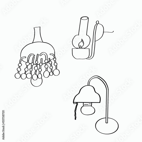 black and white line. various types of kerosene lamps, chandelier lamps, table lamps. Cartoon Style Illustration