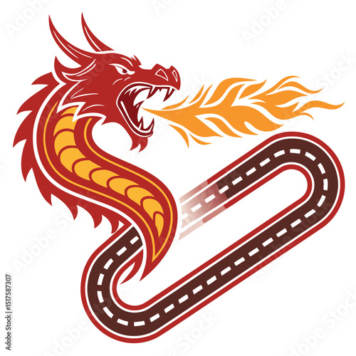 A fiery dragon-shaped racetrack with cars speeding along its spine;  flames billowing from its nostrils, vibrant sunset backdrop.