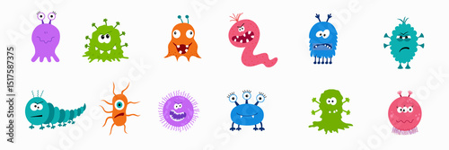 Cute cartoon bacteria, virus, germ or alien emoticon character set.