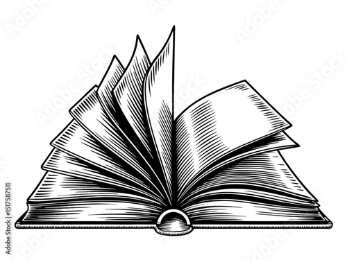 Open book vintage woodcut style vector illustration