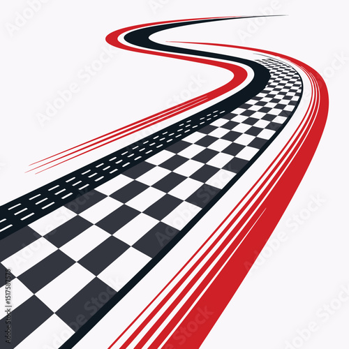 Create a vector outline of a racetrack with a checkered flag finish line, emphasizing speed and motion. Include dynamic lines suggesting velocity.