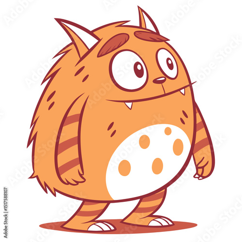 Generate a digital illustration of a round, orange monster with prominent cat ears and white freckles, exhibiting a friendly expression.