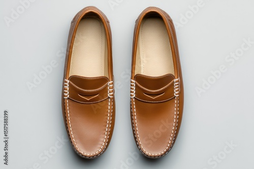 A pair of light brown leather loafers with white stitching are presented from an overhead perspective against a neutral gray backdrop.  The shoes feature a classic penny loafer design