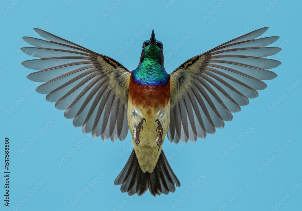 Fototapeta premium Detailed overhead view of a vibrant sunbird mid-flight against clear blue sky