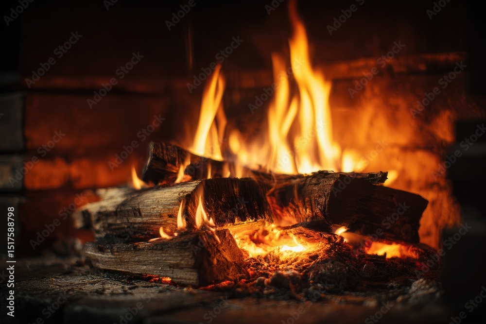 Fototapeta premium A warm, inviting fire burns brightly within a rustic brick fireplace, casting a flickering orange glow. The logs crackle and embers glow