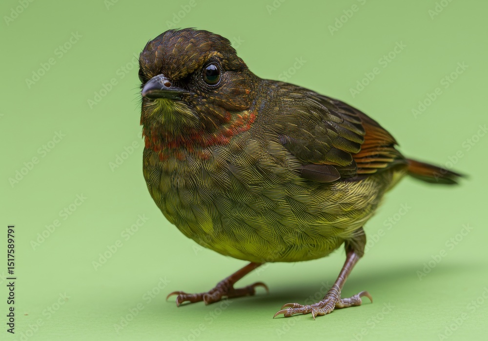 Fototapeta premium Detailed close-up of a small bird with green and brown feathers, isolated on a plain background
