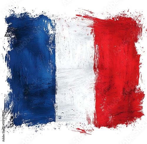 Artistic french flag painting with brushstrokes and textured effect on isolated white background