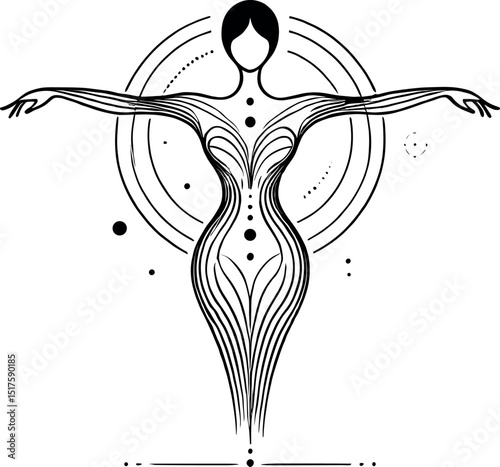 Minimalist breathing aura art in a linear abstract style, depicting a stylized female figure standing tall with arms extended horizontally and legs together in a poised, grounded stance.