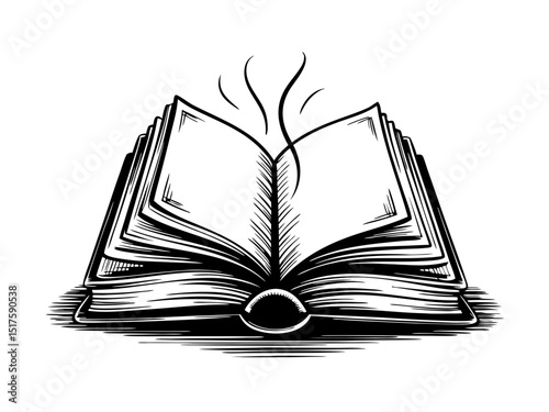Open book vintage woodcut style vector illustration