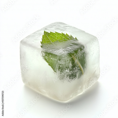 Cubetto di ghiaccio con dentro una foglia di menta.