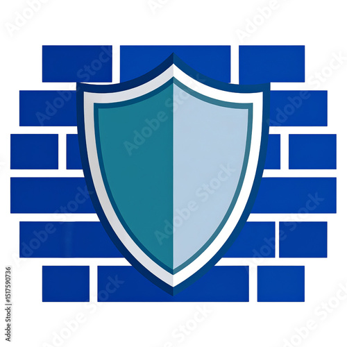 Strong Blue Shield Protecting Brick Wall Security Concept