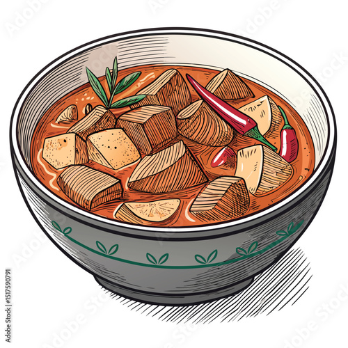 Close-up studio shot of a delicious serving of Massaman curry with potatoes, isolated on a white background. Show rich texture and vibrant colors.