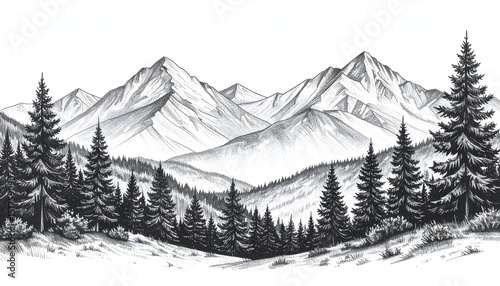 Hand-drawn mountain landscape with pine trees and sunrise, pencil and ink sketch, black and white with textured paper effect