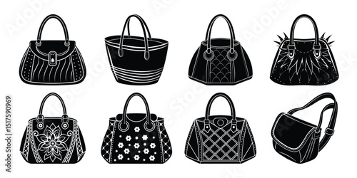 set of female different bags on white background