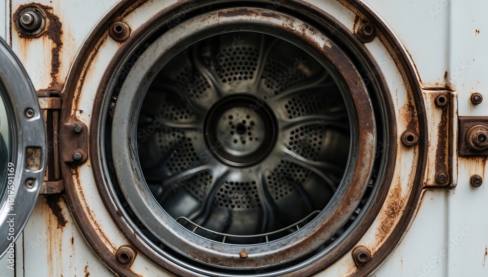 Obraz premium Old Washing Machine with Rust Around the Door and Metallic Drum