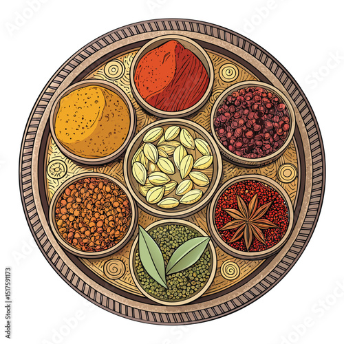 A meticulously arranged set of Arabian spices, vibrant and fragrant, displayed in a circular, ornate silver tray.  High-resolution, detailed, close-up.