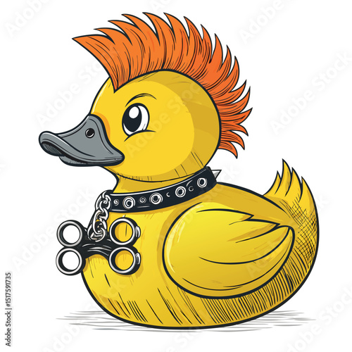A menacing rubber duck sporting a fiery mohawk and brass knuckles, ready for a brawl.  Rendered in a hyperrealistic style.