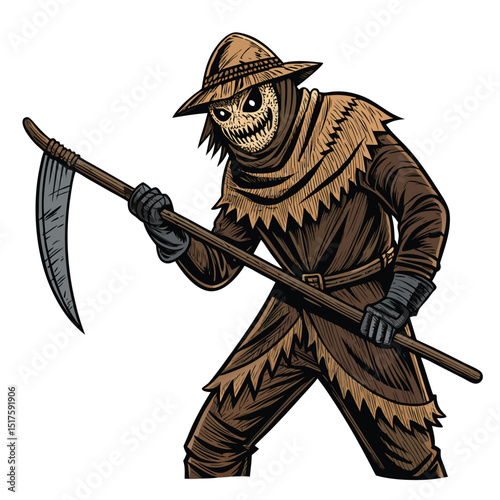 A weathered scarecrow warrior, stitched mouth, rusted metal accents, tattered clothes, holding a rusty weapon, desolate field setting.
