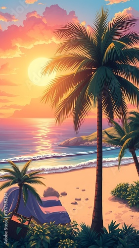 Tropical beach sunset with palm trees and lounge chairs. phone for wallpaper