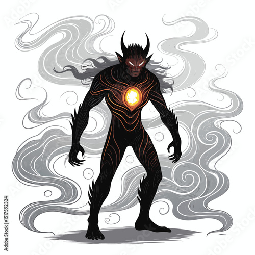 Render a terrifying shadow demon, its form indistinct but for a pulsating, glowing core and swirling, smoky tendrils.  High detail, dark fantasy art.