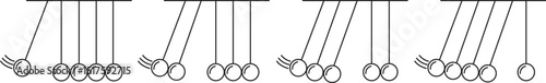 Newton's cradle icon set line styles. Newton cradle minimal, science kinetic art, energy transfer design, momentum and law of motion symbol, hanging concept vectors isolated on transparent background.
