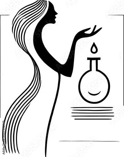 Minimalist line art featuring a graceful woman in profile with flowing hair, gently reaching toward a round flask containing aromatic oil silhouette.