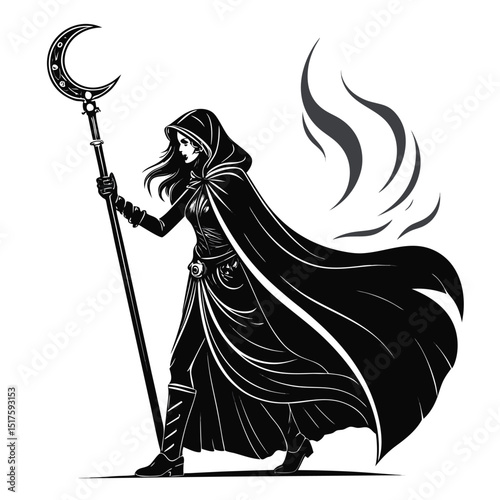 A powerful shadow sorceress, wielding a crescent moon staff, amidst swirling purple smoke, dark magical energy emanating from her.