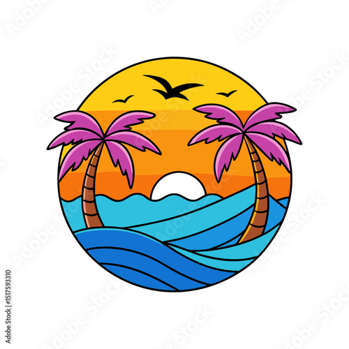 Tropical island beach with a lone palm tree at sunset, offering a perfect summer vacation paradise