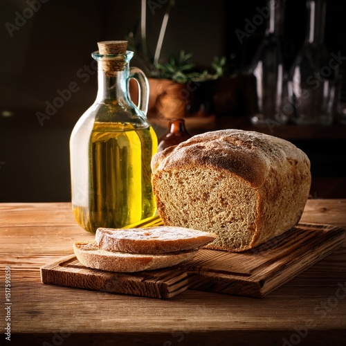 Rustic loaf of bread and bottle of olive oil on a wooden cutting board, under warm, natural light.