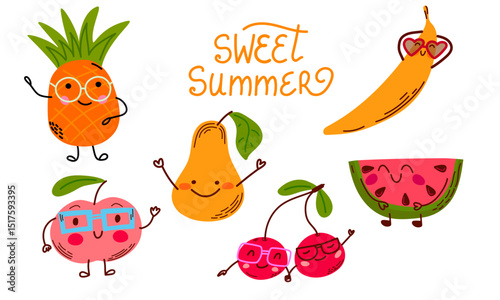 Cute summer fruits set. Smiling fruits with glasses. Fun cartoon design with pineapple, cherry, pear, banana, and watermelon. Great for kids, cards, prints, and seasonal decor. Vector illustration