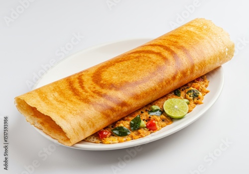 Golden dosa crepe served with flavorful vegetable stew, an authentic dish