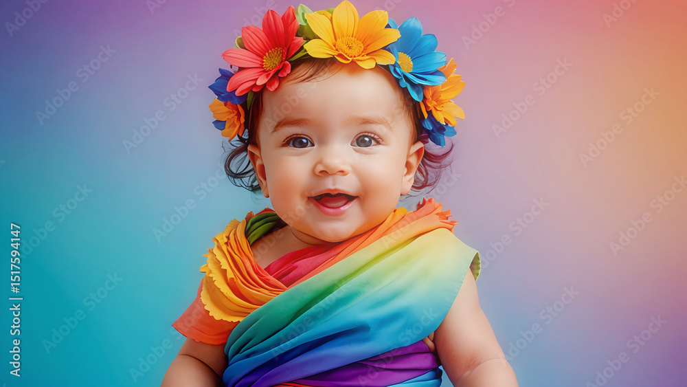 Portrait of little baby girl wearing flower wreath and colorful toga. Abstract gradient background. Portrait of little baby girl wearing flower wreath and colorful toga. Abstract gradient background.