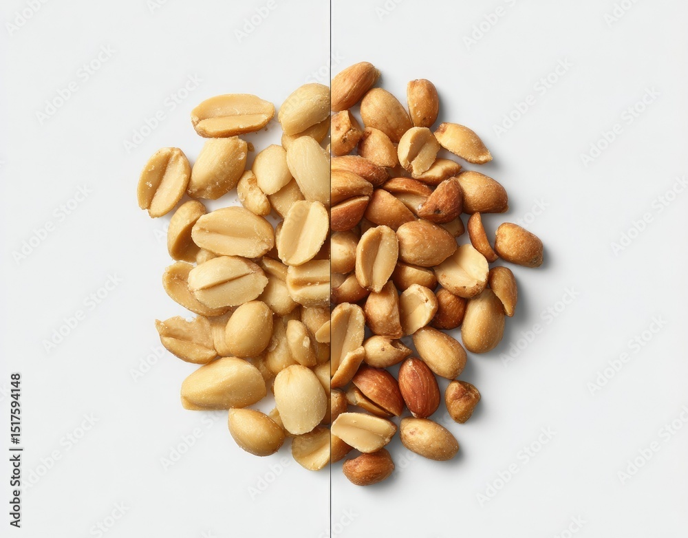 A high-angle, close-up shot shows a split pile of roasted peanuts; one half shows peanuts split open, the other half shows whole peanuts A high-angle, close-up shot shows a split pile of roasted peanuts; one half shows peanuts split open, the other half shows whole peanuts