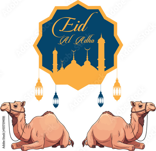 Eid-Al-Adha-Camels-Mosque-Lanterns-Vector - Eid ul Azha-Social Media poster ad design - flyer - Colorful Eid al-Adha Vector Template with Camels, Mosque, and Traditional Lanterns