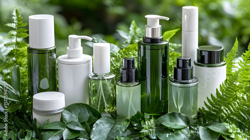 Organic skincare products natural beauty cosmetic bottles and jars with green leaf background spa wellness