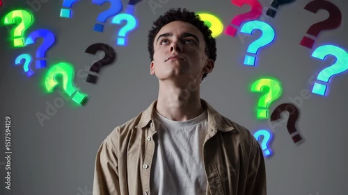 Contemplative journey surrounded by colorful question marks reflecting uncertainty and curiosity