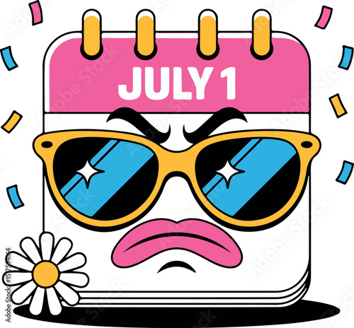 Grumpy Cartoon Calendar with Sunglasses and Confetti