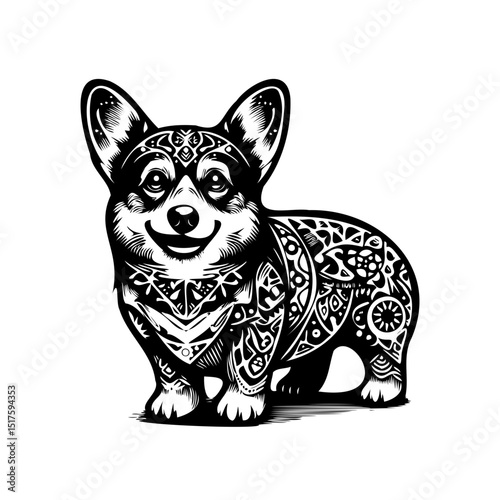 SVG dog corgi with tattoo, black and white file for printing, cutting