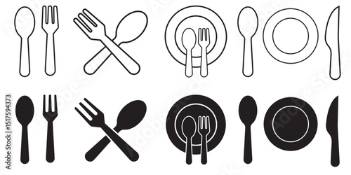 Plate, fork and knife icon set.