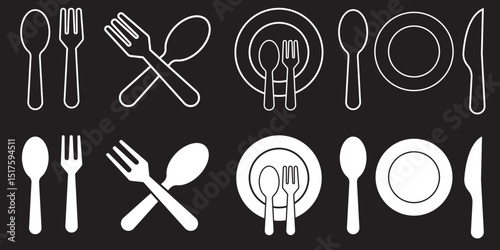 Plate, fork and knife icon set.