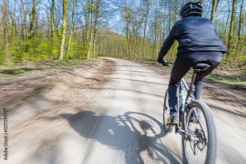 Biker navigates a winding dirt path through lush green forest during a sunny spring day