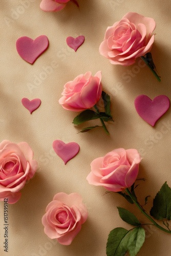 Flatlay of pink roses and hearts on a beige background, illuminated by soft sunlight casting shadows