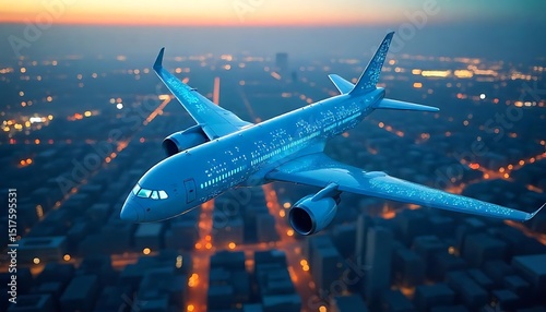 Digital Airplane, : Aerial view of a futuristic airplane with glowing AI circuits, smart sensors, and real-time data displays integrated into its wings, flying over a neon, created with generative ai