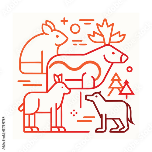 Line art wildlife scene with deer rabbit and wolf