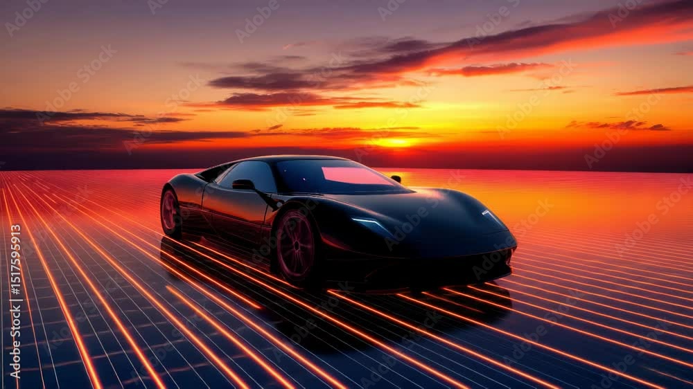 Luxury sports car speeding on a digital grid highway towards a vibrant sunset sky