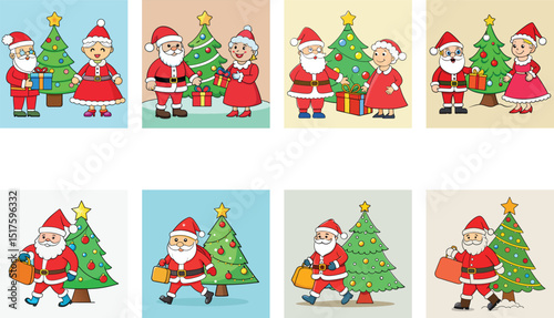 Santa Claus And Mrs Claus With Christmas Trees Cartoon Vector Illustrations