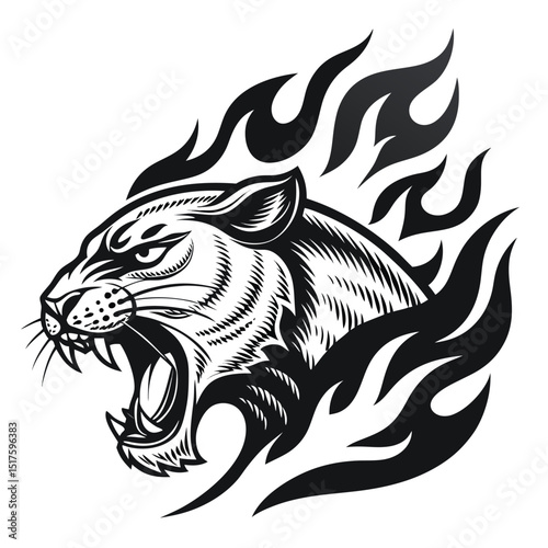 Create a hyperrealistic image of a snarling panther's head engulfed in vibrant flames, isolated on a pure white background.