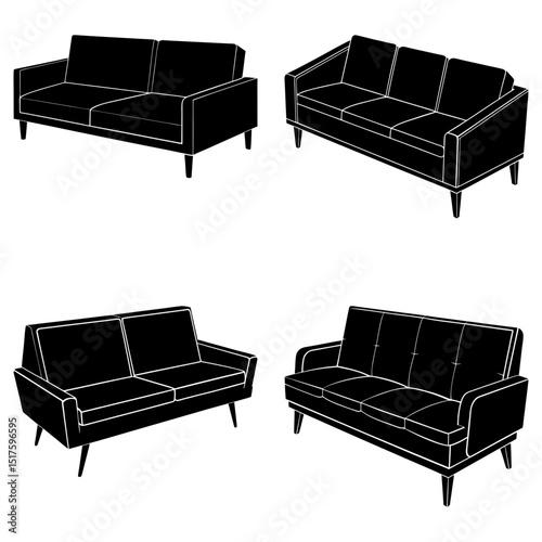 Illustration showing four different black sofas with various styles and seat arrangements design art